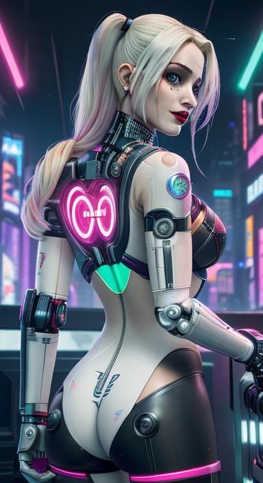 Cyberpunk Robo Harley Quinn in Futuristic City