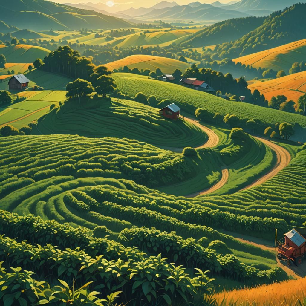 Coffee Bean Harvest in Fantasy Landscape Art