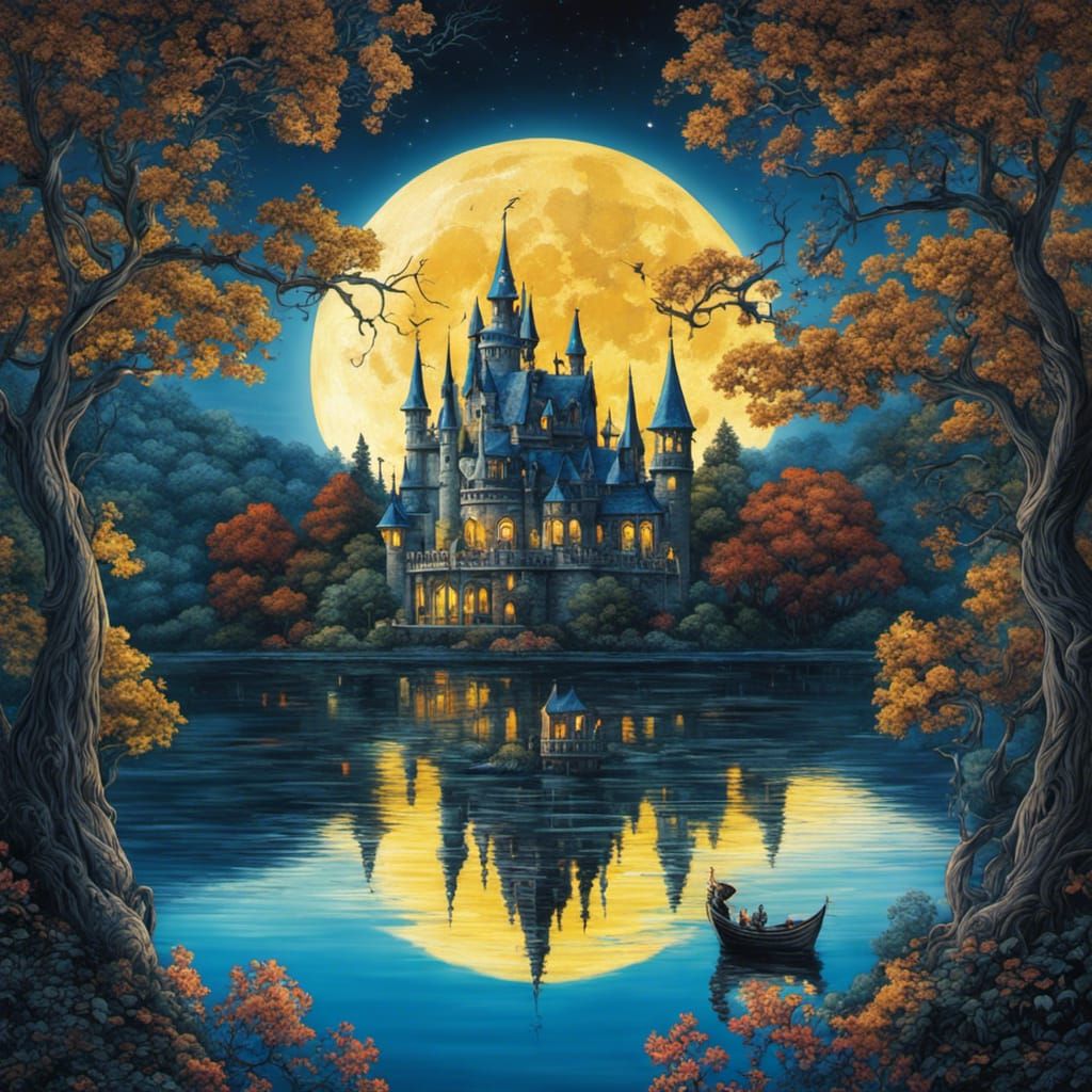 Gothic Castle Under Blue Moon in Tim Burton Style