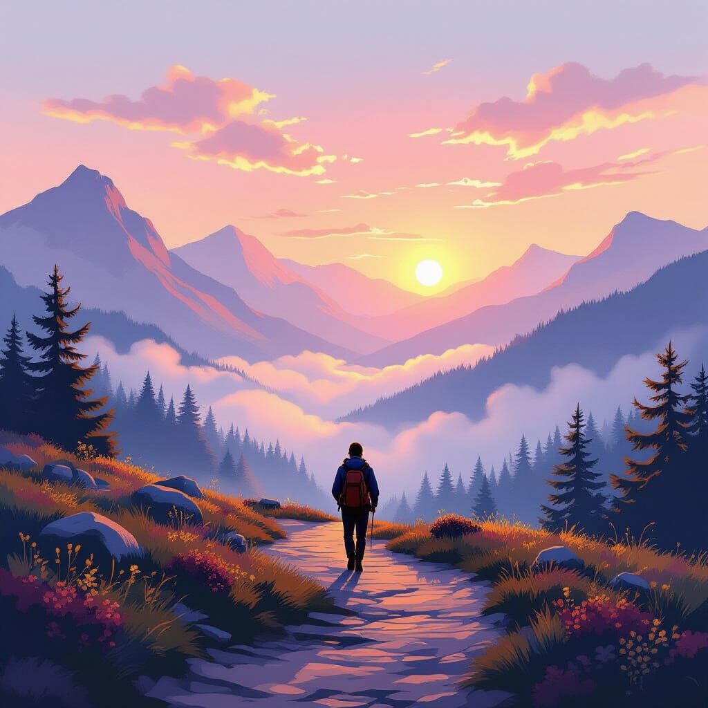 Peaceful Sunrise Hike: Slow Progress on Mountain Path