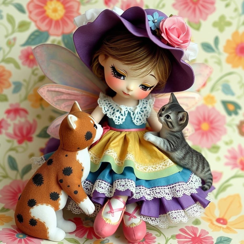 Whimsical Paper Fairy Admires Her Kitten in a Vibrant Collag...