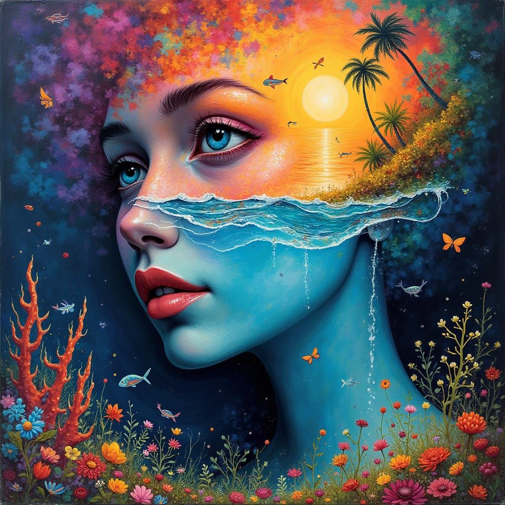 Dreamlike Abstract Portrait in Vibrant, Blended Scenes