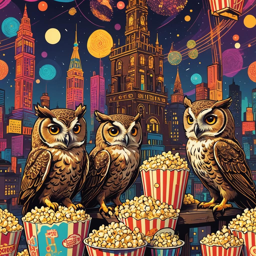 Pop Art Owls and Chicks Meeting with Neon Lights