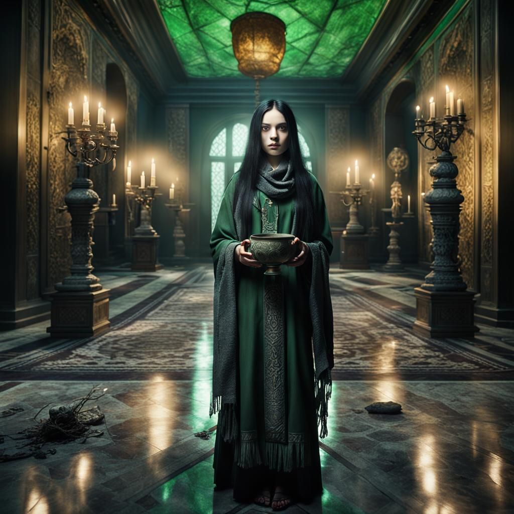 Pale Girl in Voodoo Attire Holding Chalice