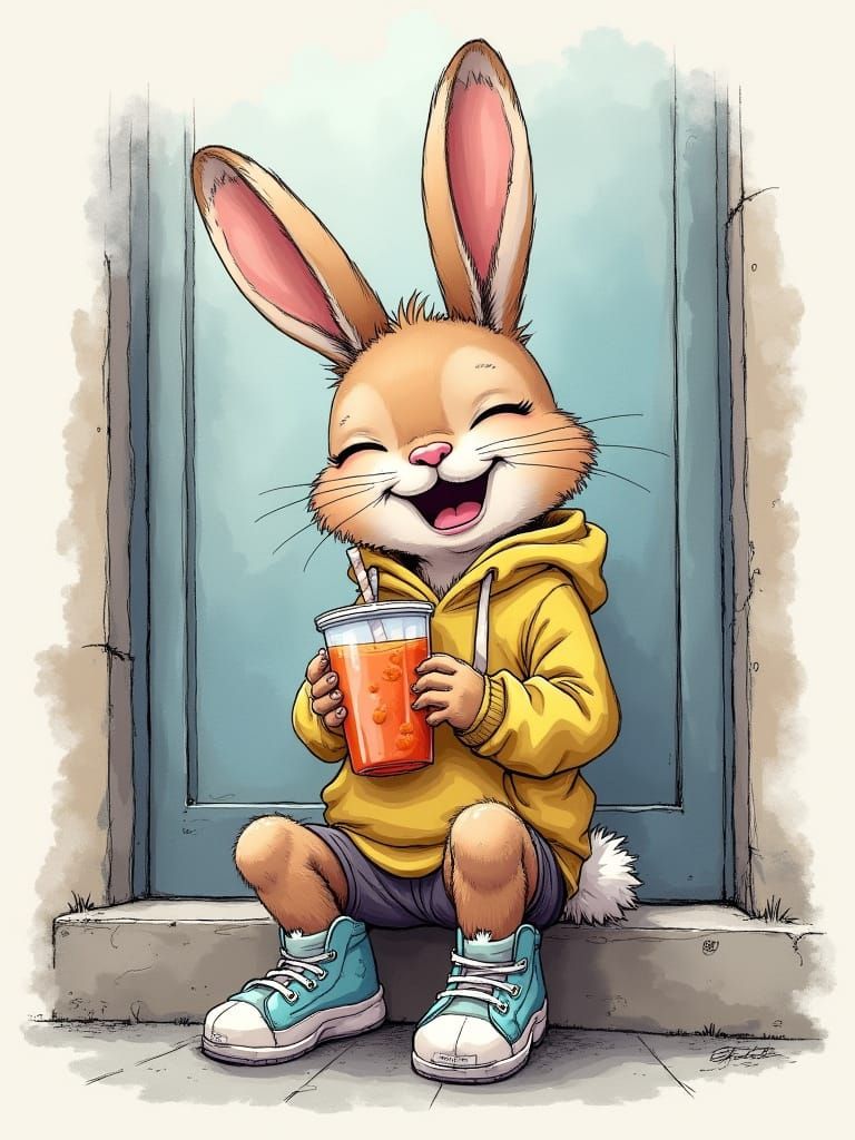 Laughing Bunny with Carrot Soda: Urban Sketch