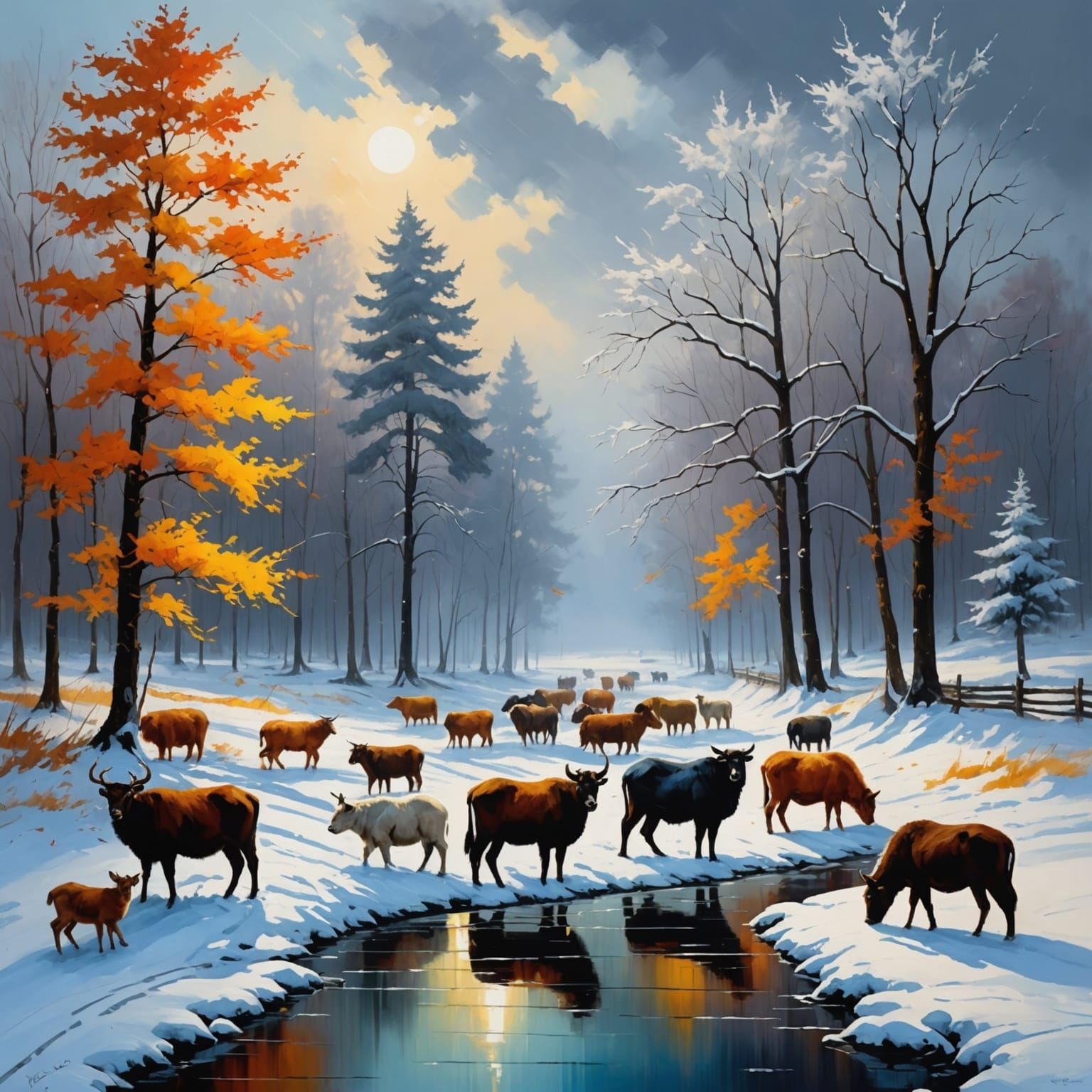Vivid Winter Landscape with Animals, Dreamy Painting