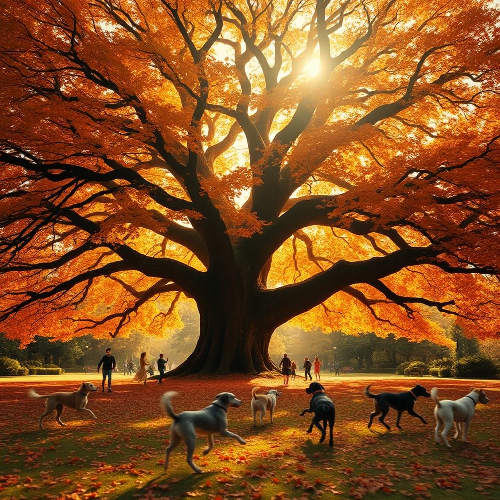 Autumn Beech Tree in Park, Digital Matte Painting