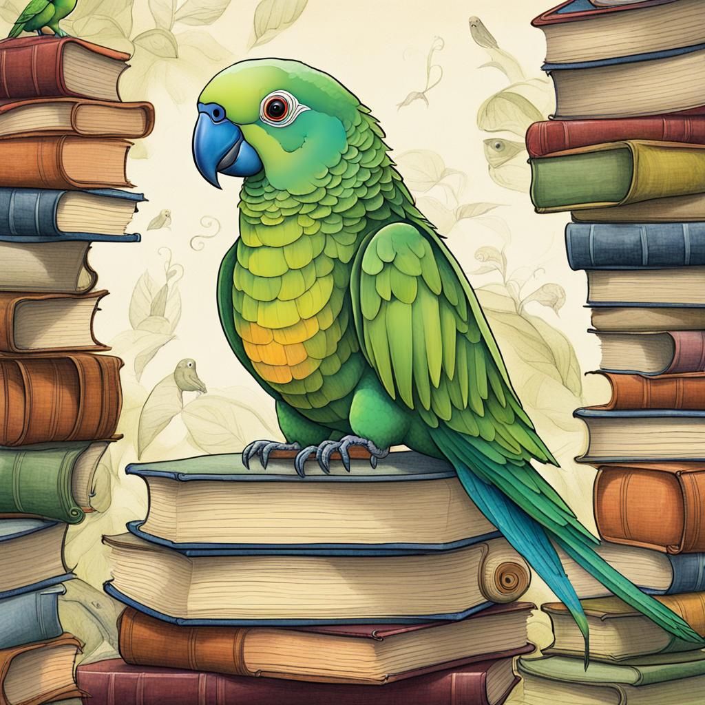 Whimsical Transparent Parrot with Books Illustration