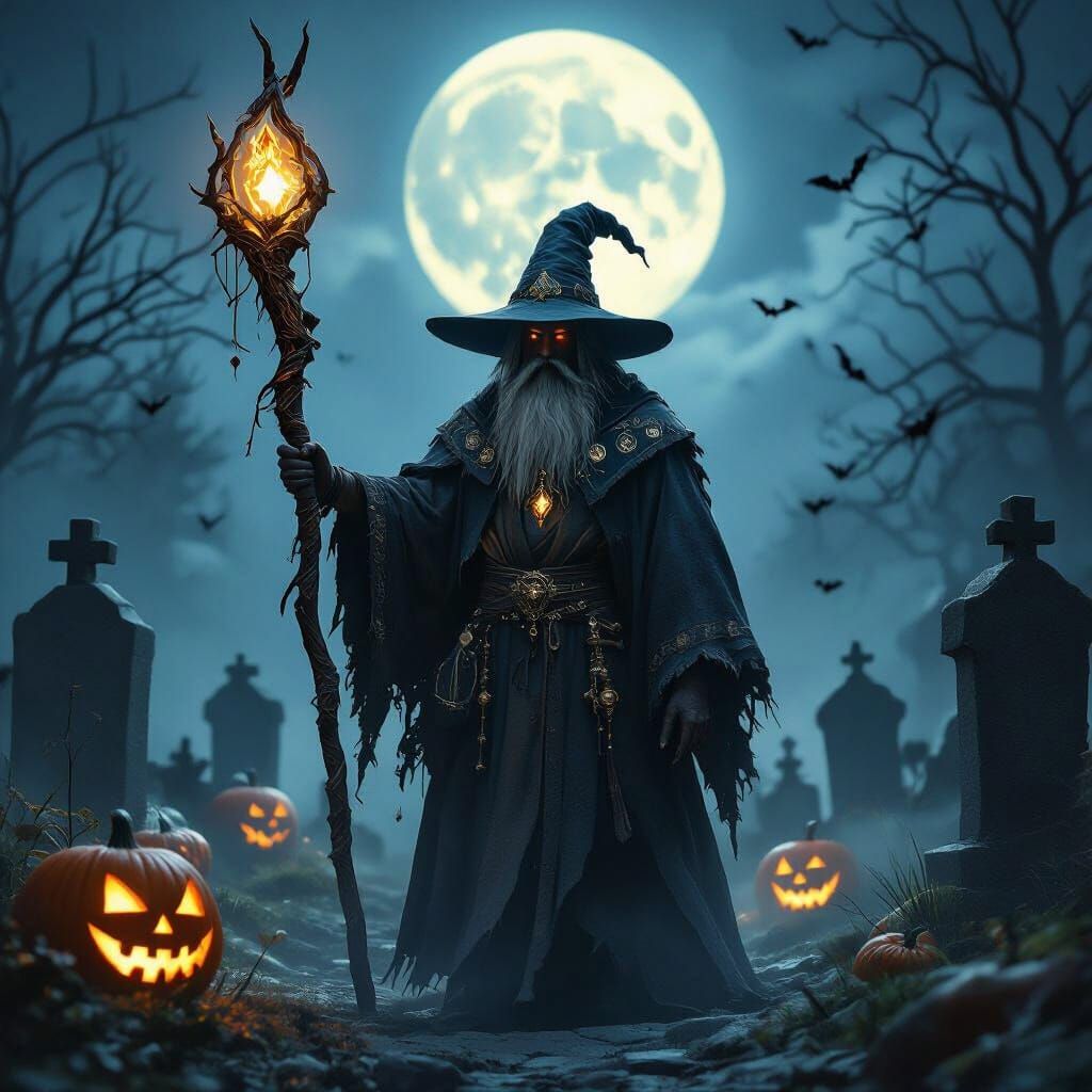 Wizard in Misty Graveyard on Halloween Night