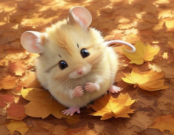 Cute Baby Mouse Smiling Amidst Autumn Leaves in Oil Painting