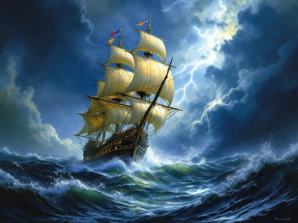 Galleon Sails Stormy Sea in Classic Maritime Painting