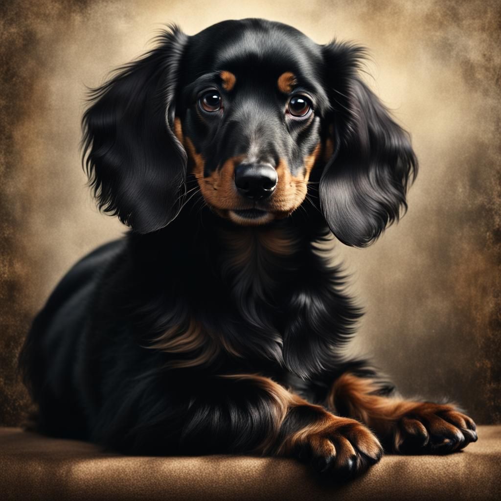 Black Dachshund Puppy Portrait in Old Master Style