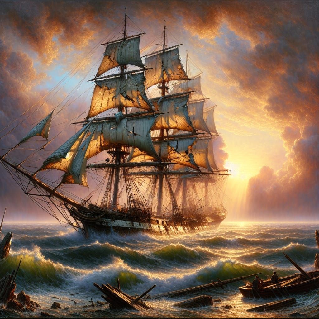 Schooner Mending Itself in Sunrise After Tempest