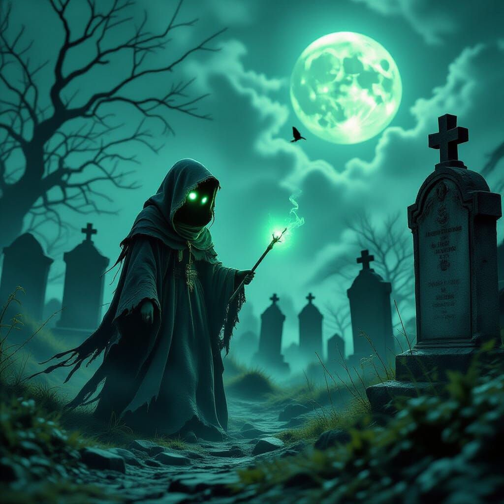 Spectral Child Spirit in Desolate Graveyard at Midnight