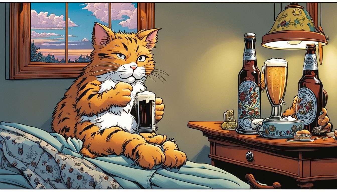 Cartoon Cat Guzzling Beer with Dramatic Lighting