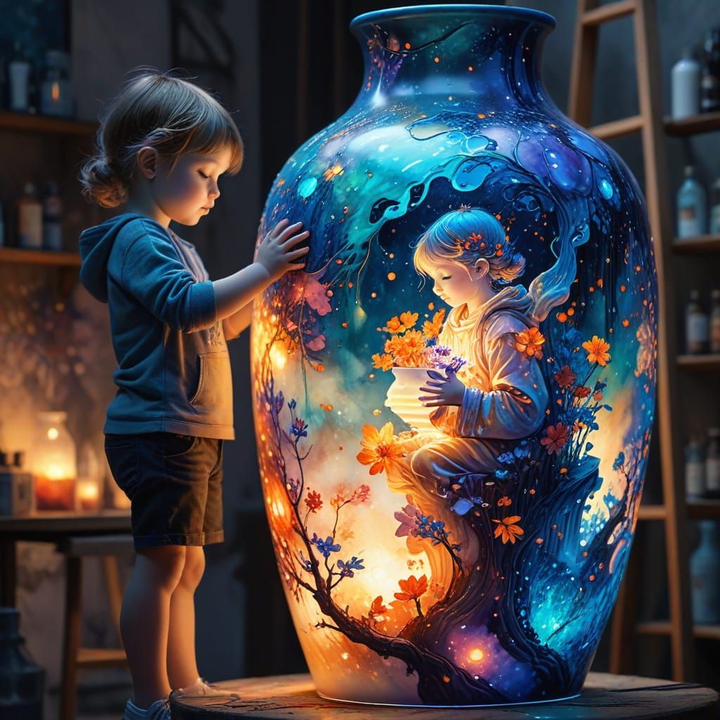 Child Repairs Giant Glowing Vase in Vibrant Cityscape