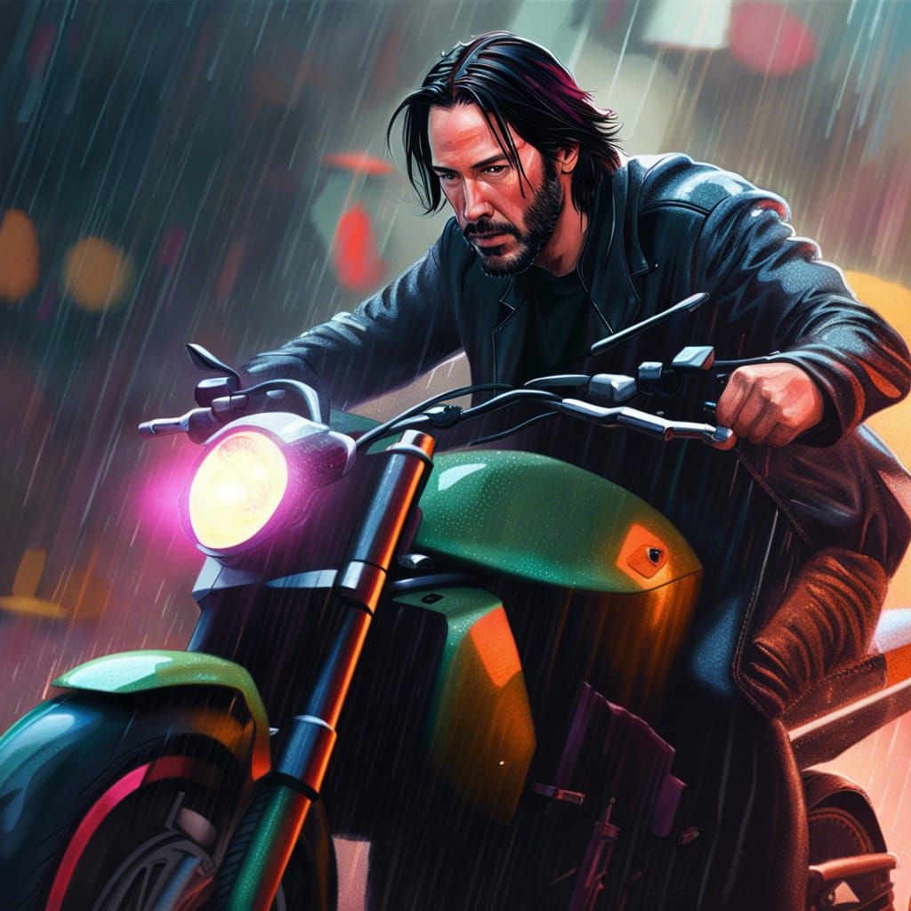 Keanu Reeves Rides a Motorcycle: Hyperrealistic Splash Art