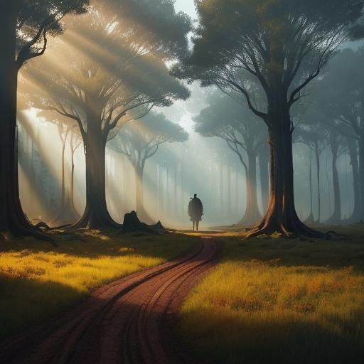 Golden Forest Road in Digital Matte Painting Style