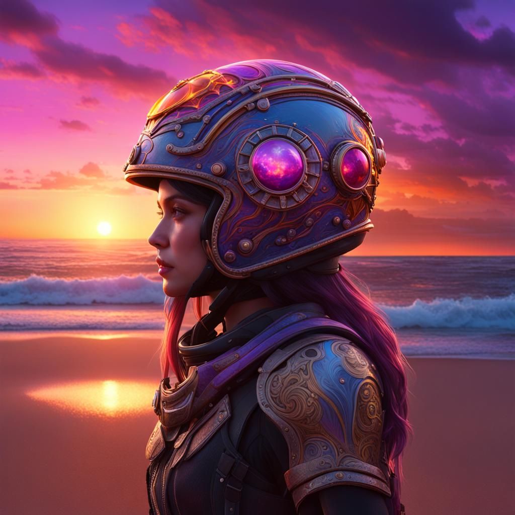 Sunset Reflection: Girl in Intricate Helmet