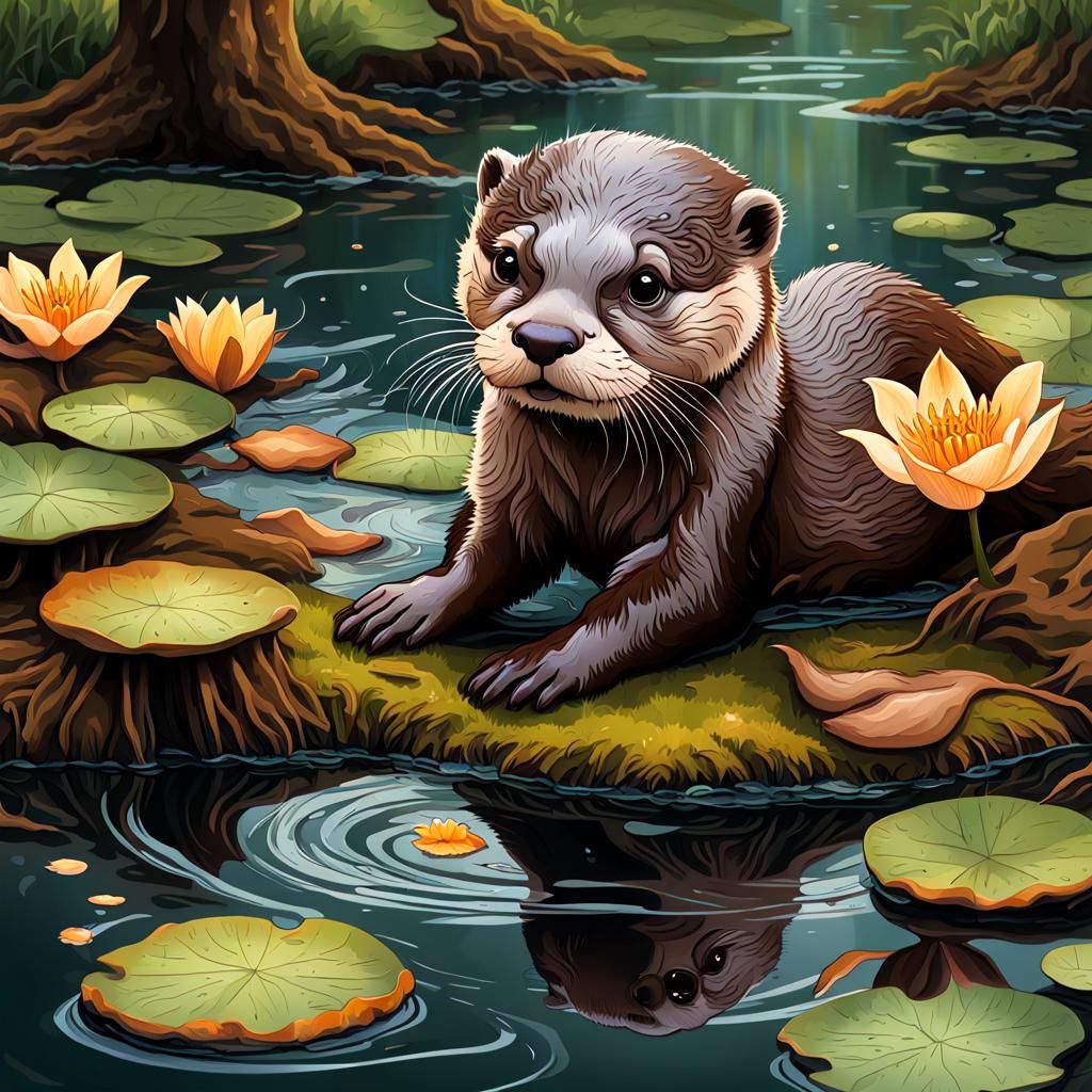 Adorable Otter Cub Plays in Autumn Forest Stream