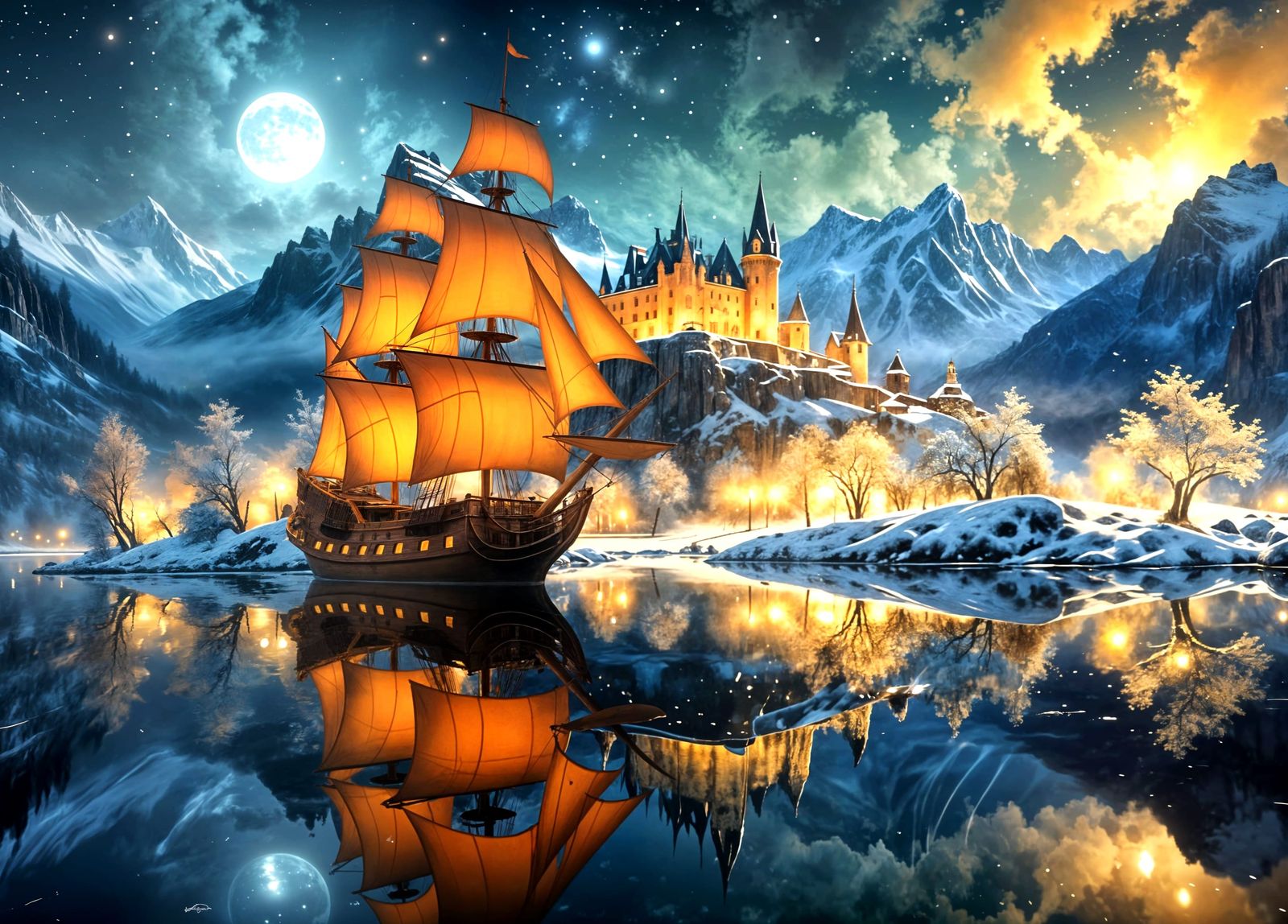 Cinematic Sailboat with Glowing Sails on Moonlit Water