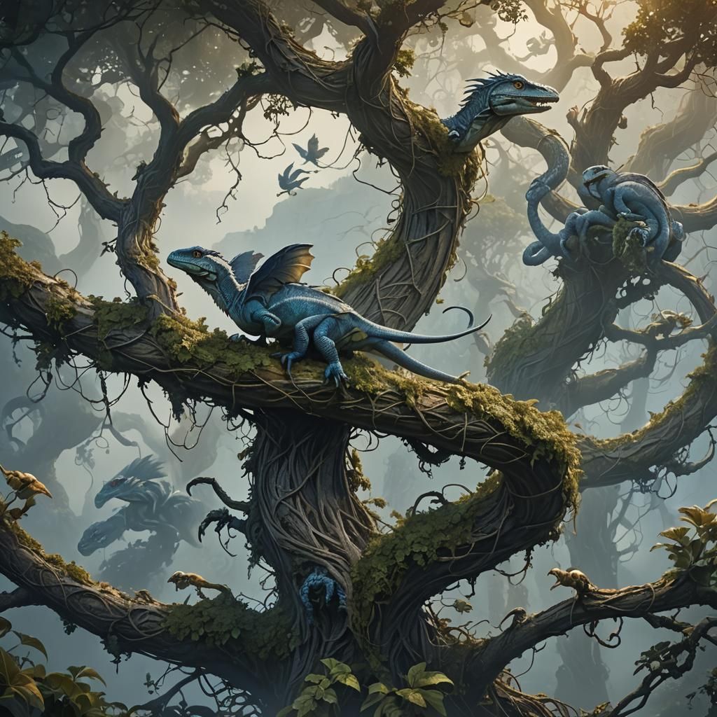 Flying Reptiles on Ancient Branch: Digital Matte Painting