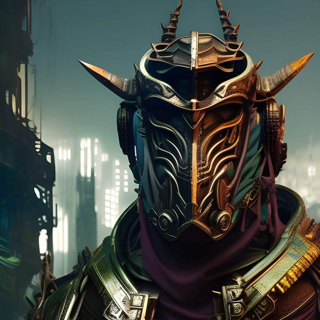 Cyberpunk Warrior Portrait in Ornate Armor