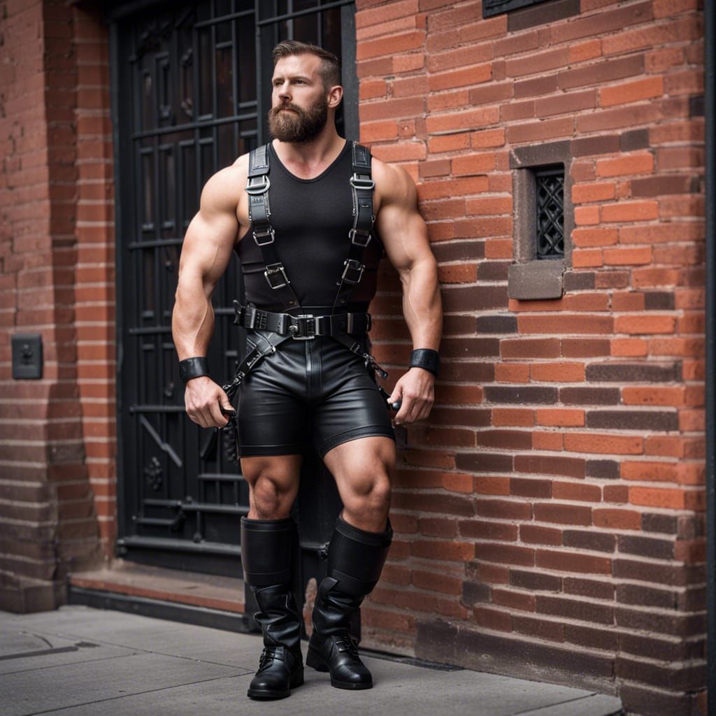Muscular Gay Man in Leather Harness Leaning on Brick Wall