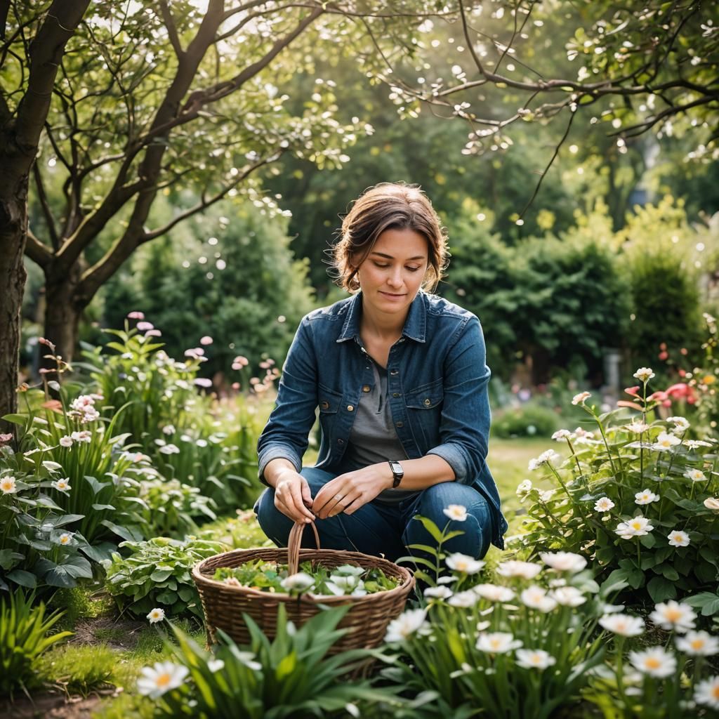 Young Woman Gathering Herbs in Garden