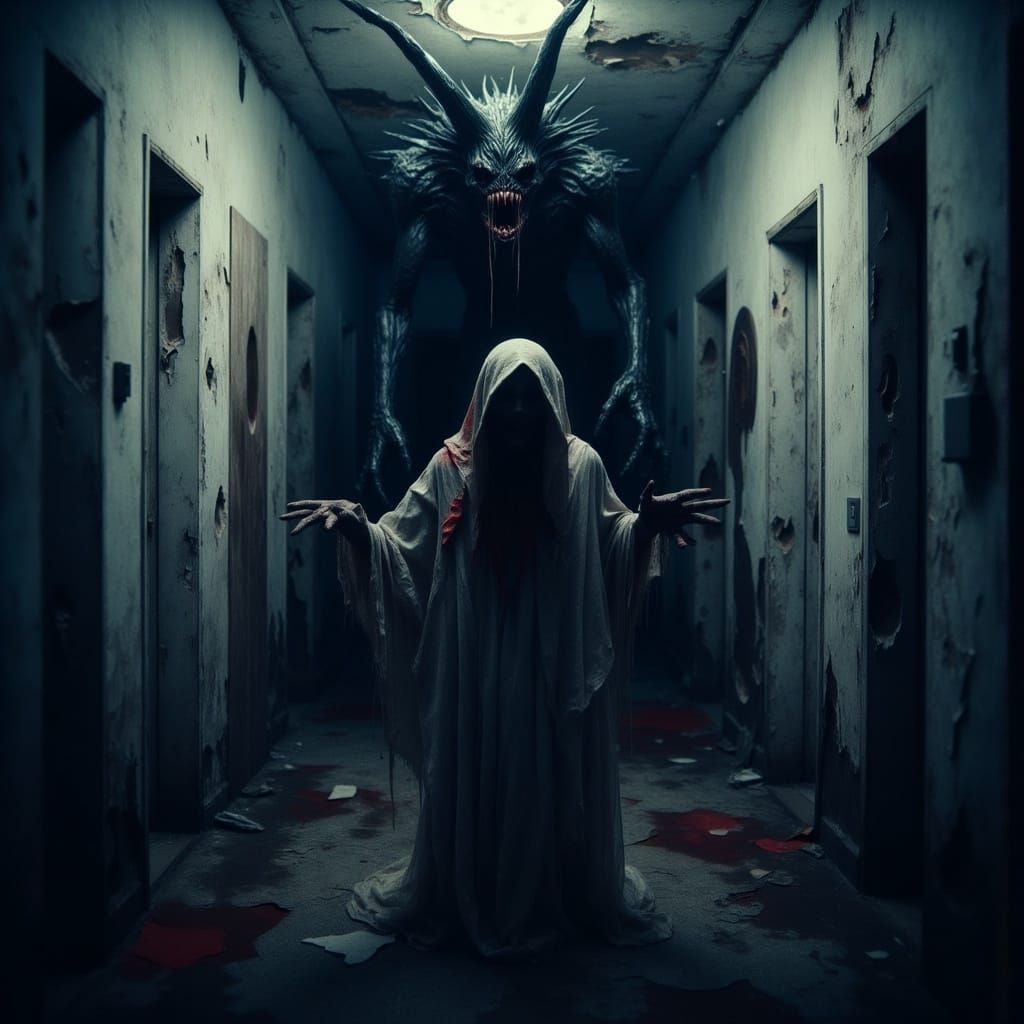 Haunted Figure Recoils from Sinister Dark Shape in Abandoned...