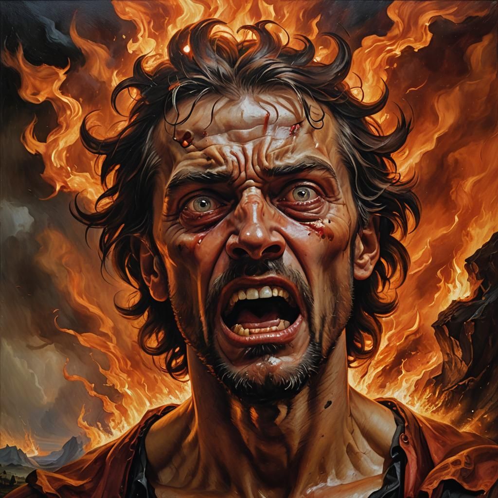 Desperate Man in Fiery Inferno: A Baroque Painting