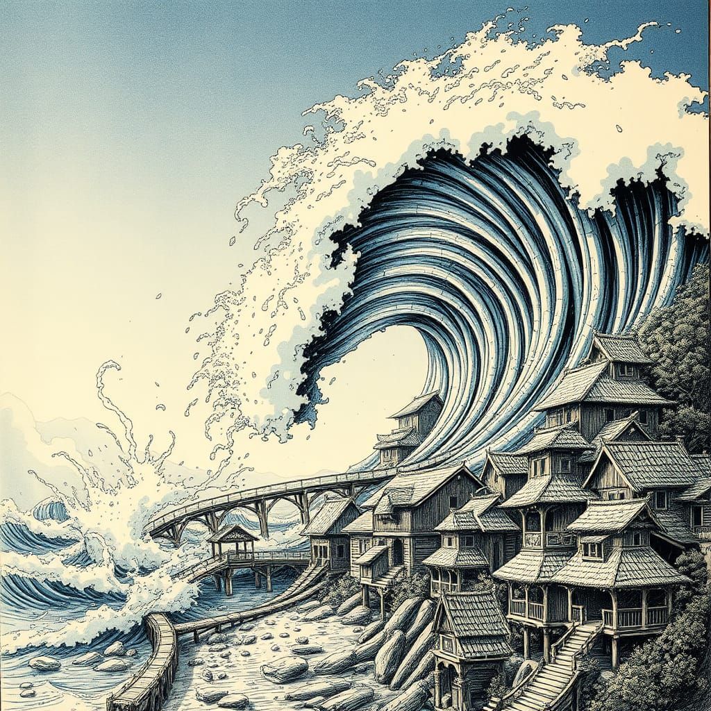 Tsunami Engulfs Village: Pen and Ink Drawing