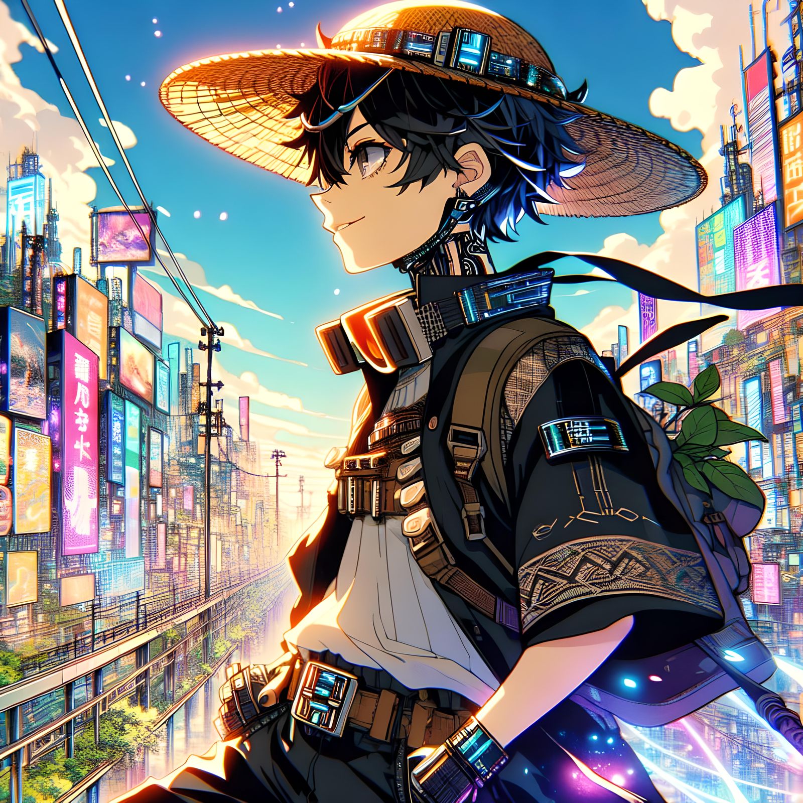 Cyberpunk Manga Character in Neon Cityscape