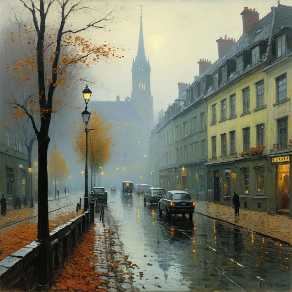 Foggy Autumn Cityscape: Oil Painting Masterpiece