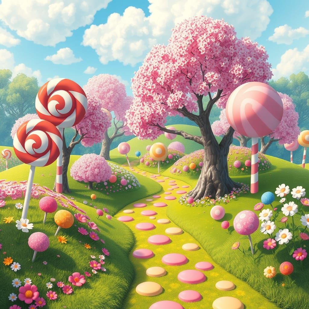 Candy Land with Cherry Blossoms in Miyazaki Style