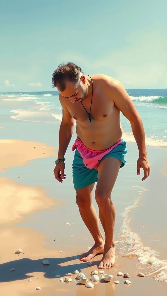 Man in Bikini Picking Up Shells, Pop Art Style