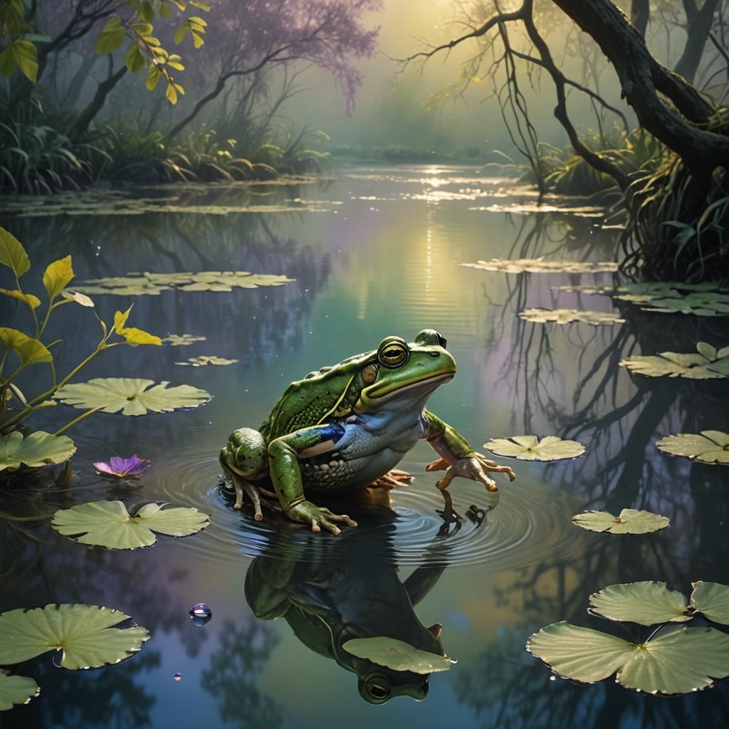 Bullfrog Leap: Serene Pond Backdrop in Unreal Engine Style