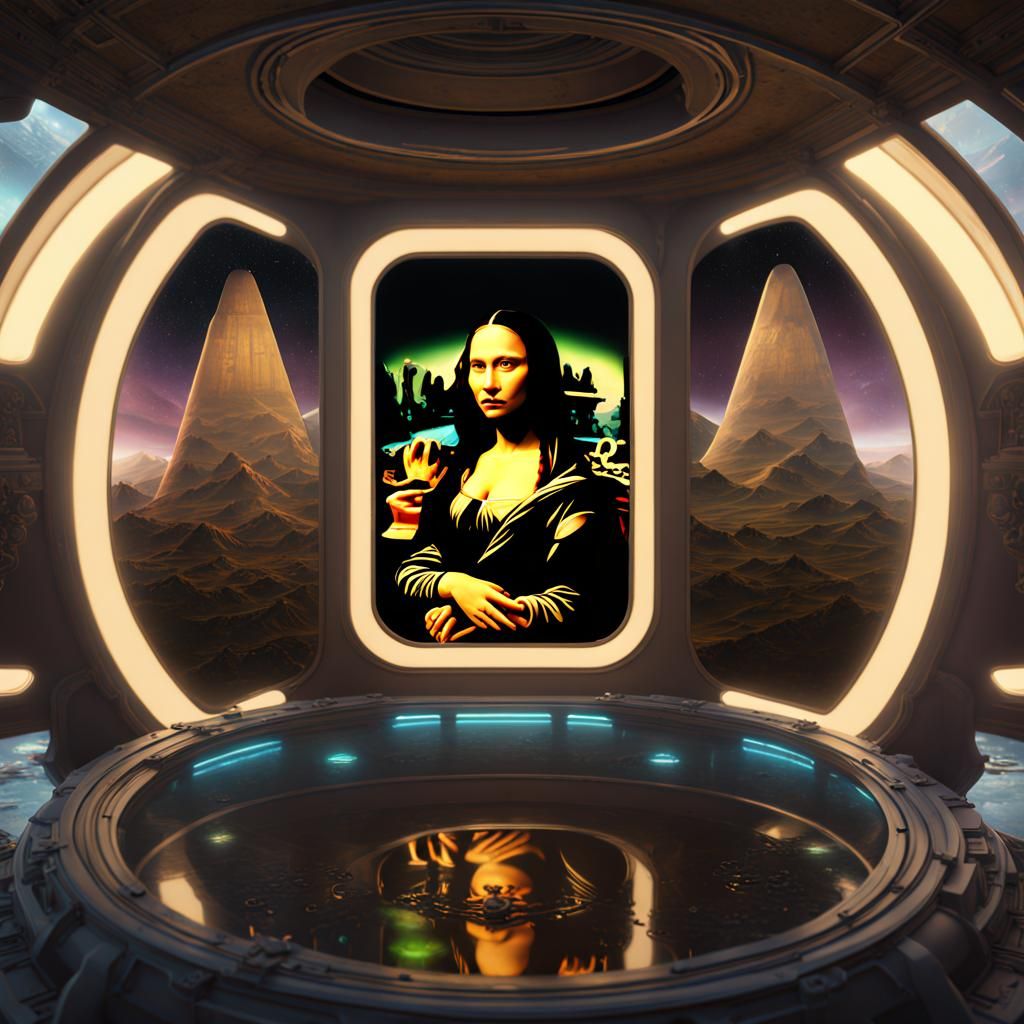 Mona Lisa in Spaceship with Aliens: Detailed Matte Painting