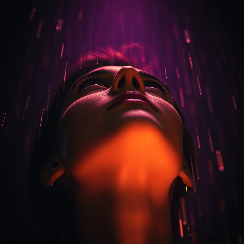 Face Illuminated by Ethereal Glowing Rain