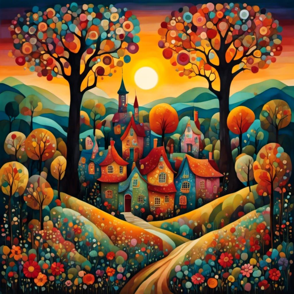 Enchanting Village Sunset: Whimsical Folk Art Illustration