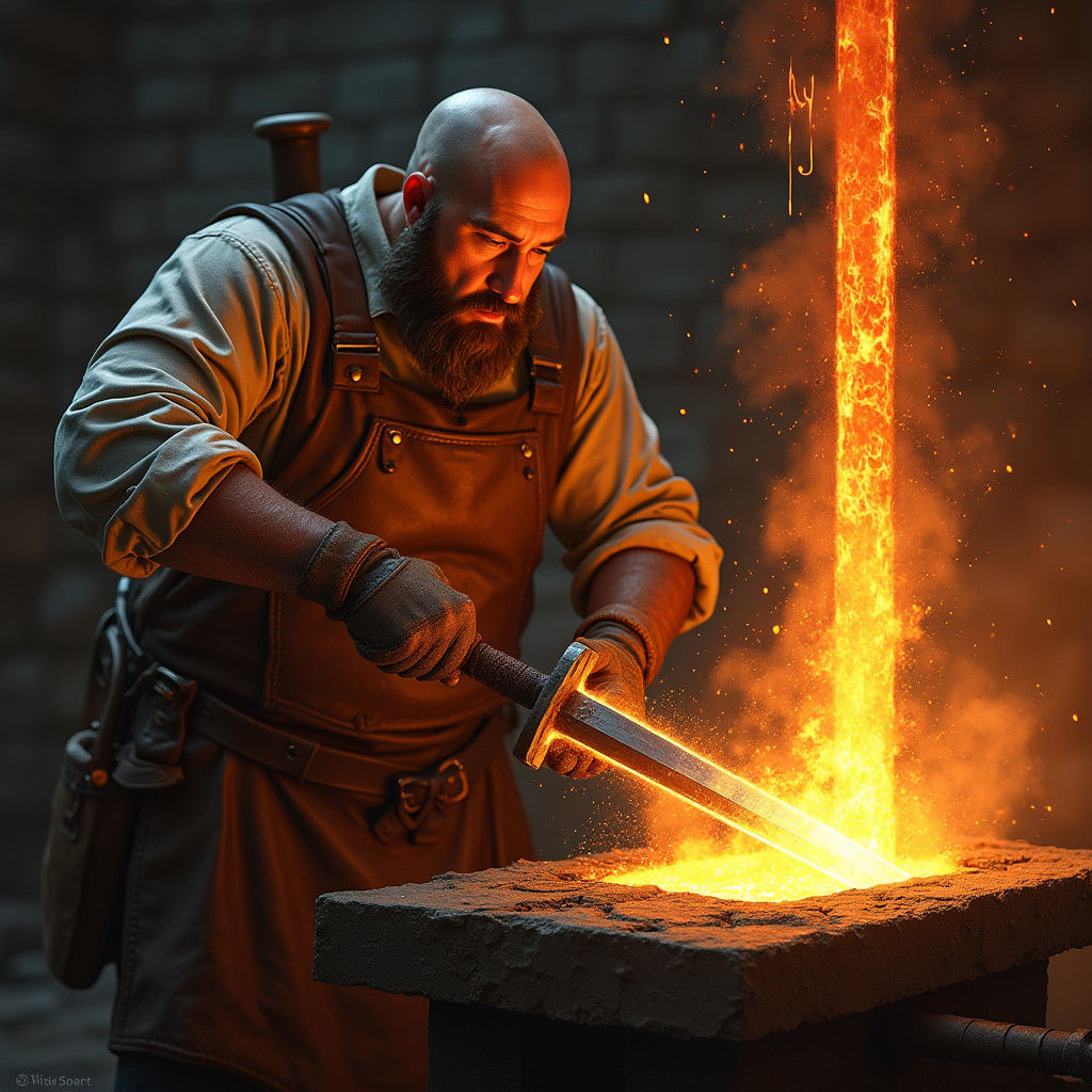 Blacksmith Forging Sword in Fiery Forge, Hyperrealistic Styl...