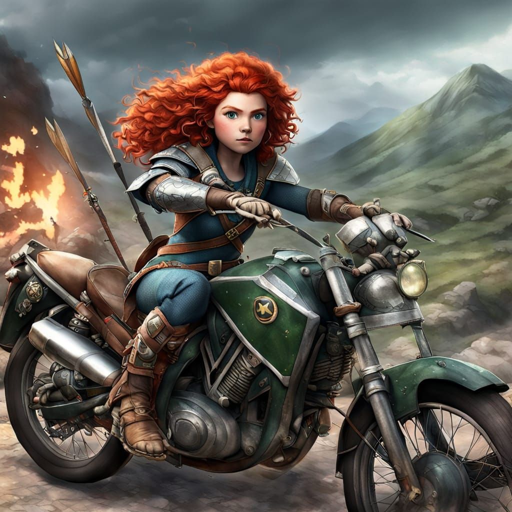 Medieval Princess Riding Motorbike and Wielding Bow