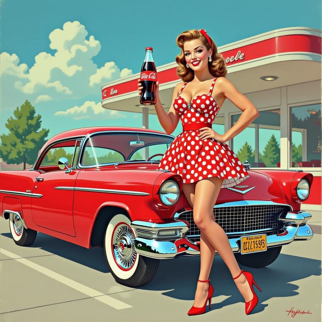 Pinup Girl with Cola on Hotrod Car in Lowbrow Art Style