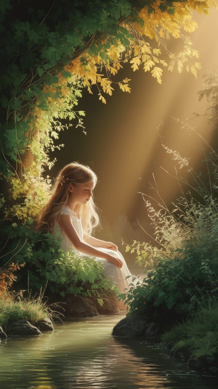 Girl in Sun-Dappled Forest Stream: Romantic Painting