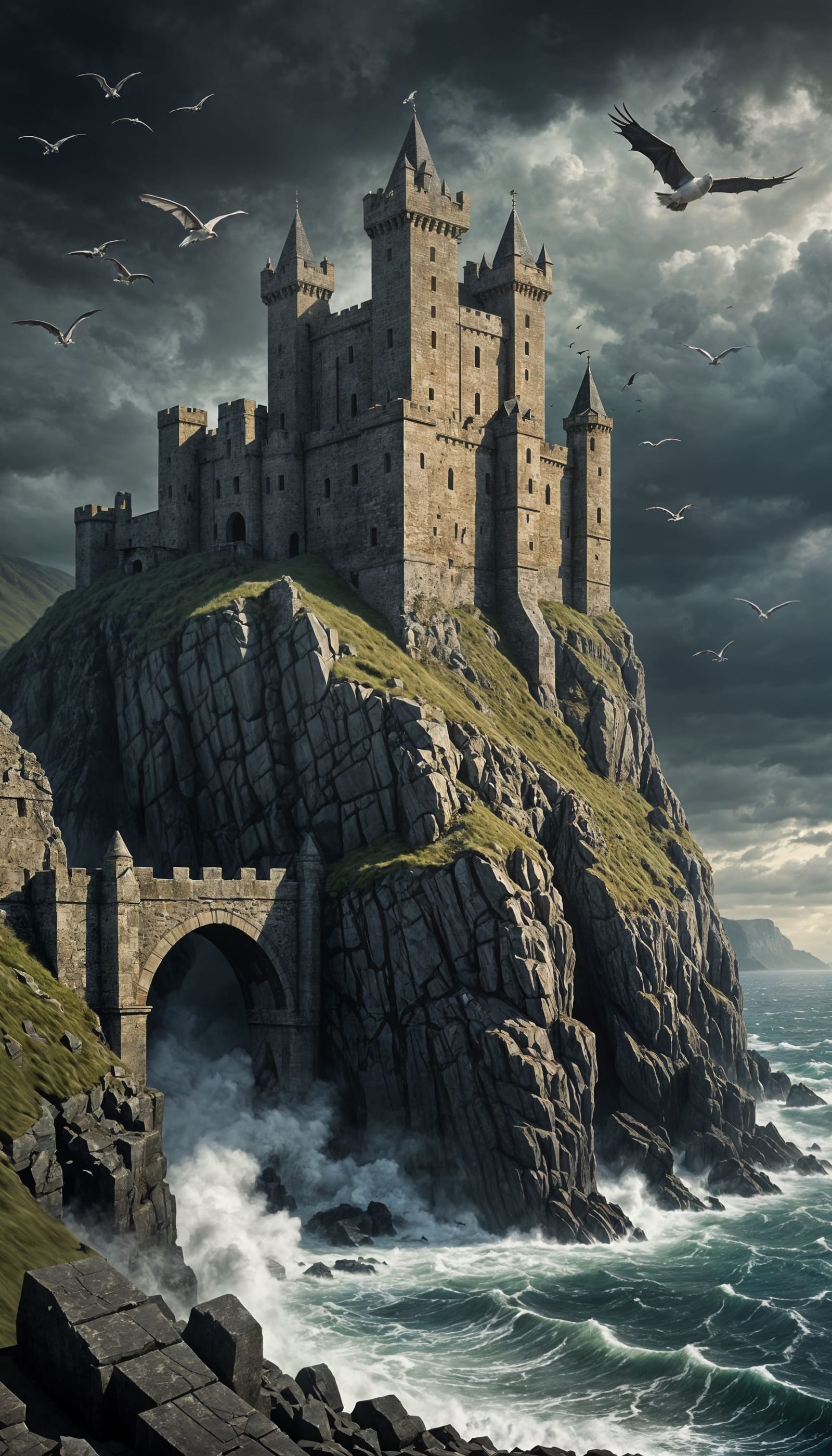 Ancient Crumbling Castle on Windswept Cliff Digital Matte Pa...