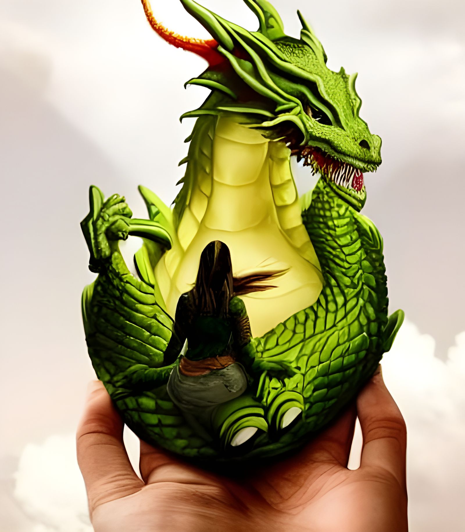 Avocado Dragon Sculpture in Hand: Digital Matte Painting