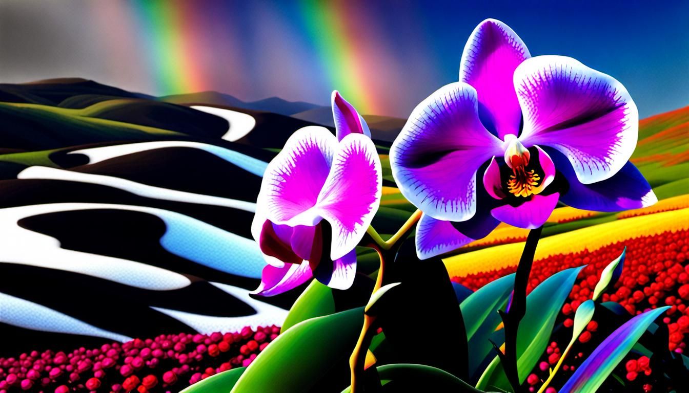 Rainbow Orchid Roses in Biopunk Landscape