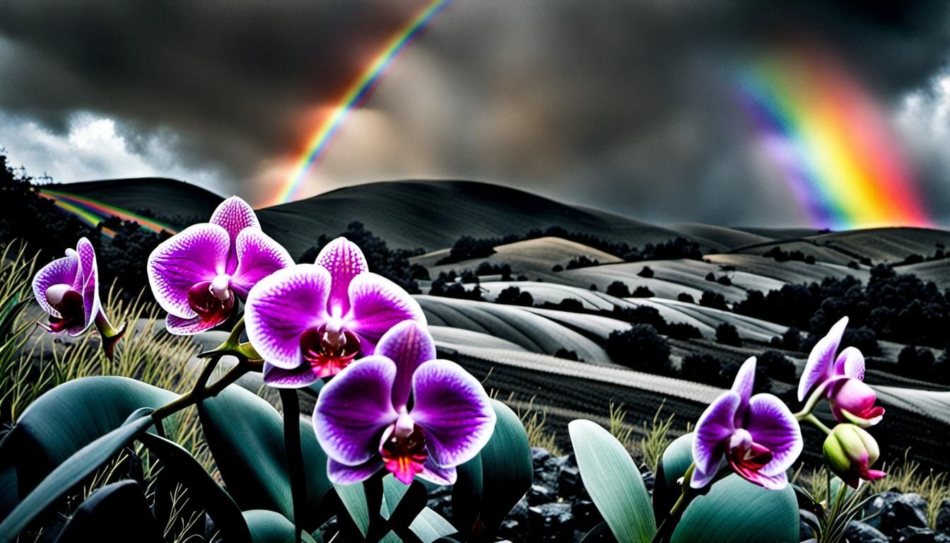 Rainbow Orchid Roses in Biopunk Landscape