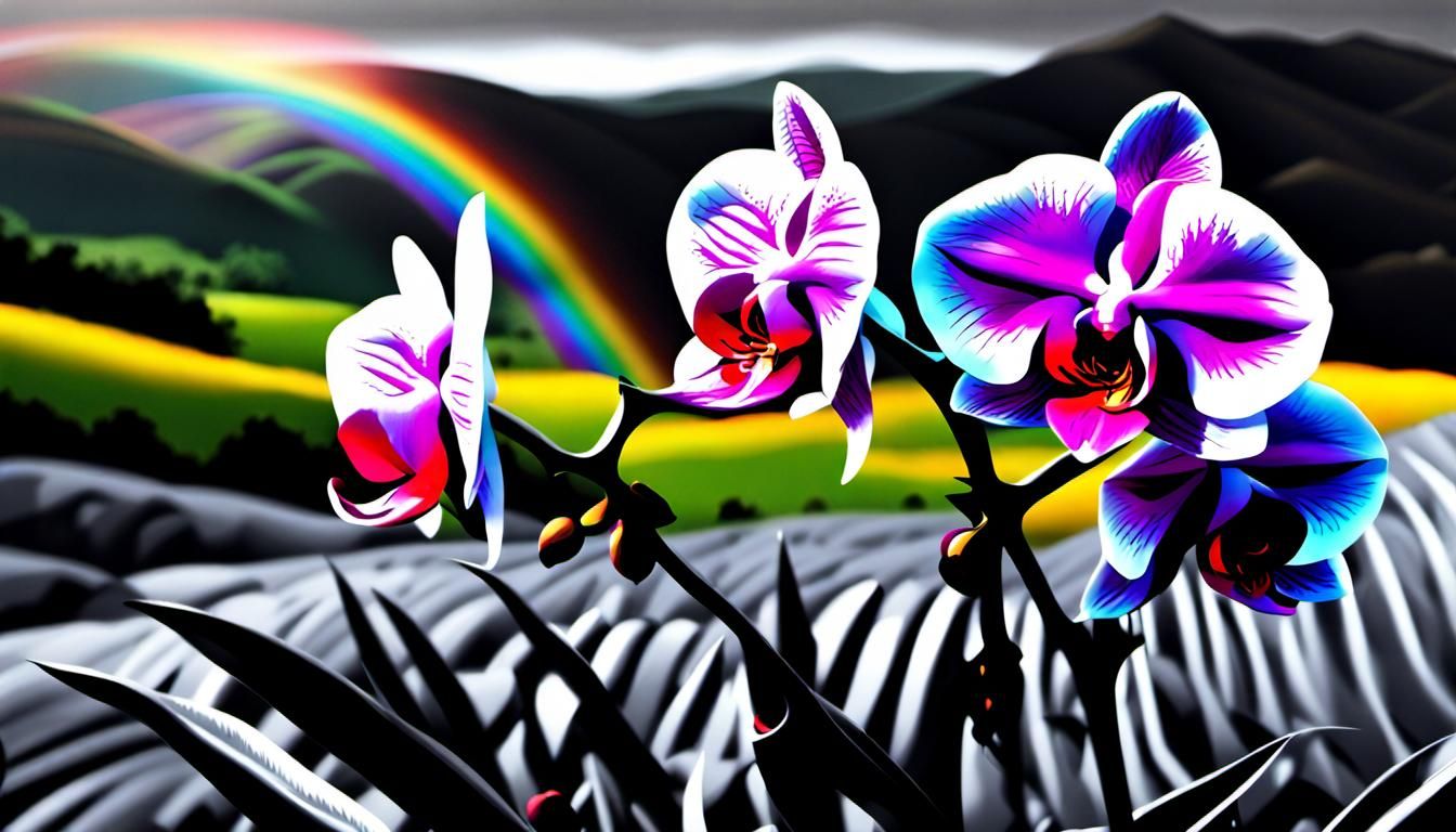 Rainbow Orchid Roses in Biopunk Landscape
