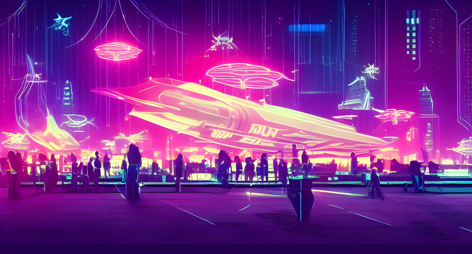 Nightclub Zeppelins in Cyberpunk Neon Sky